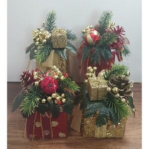 Christmas Present Hanging Ornaments Lot Of 4 Red Gold Glitter Sequins D2